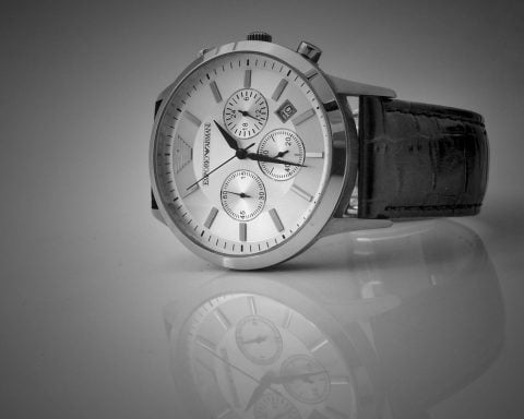 black leather strap silver chronograph watch