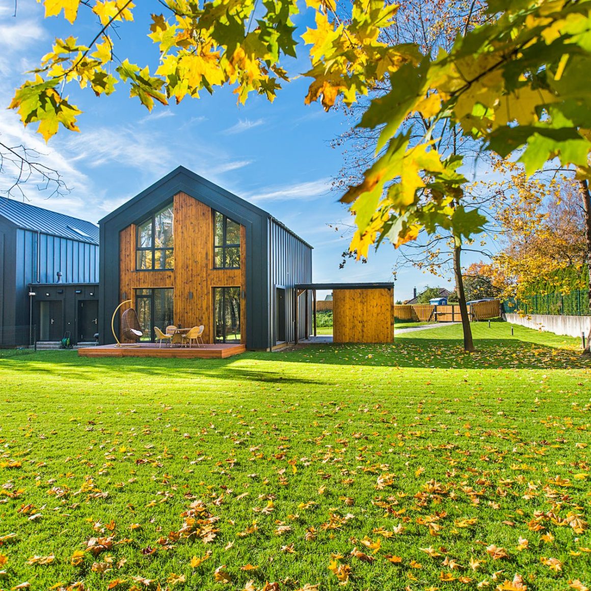 beautiful wooden houses with lawns