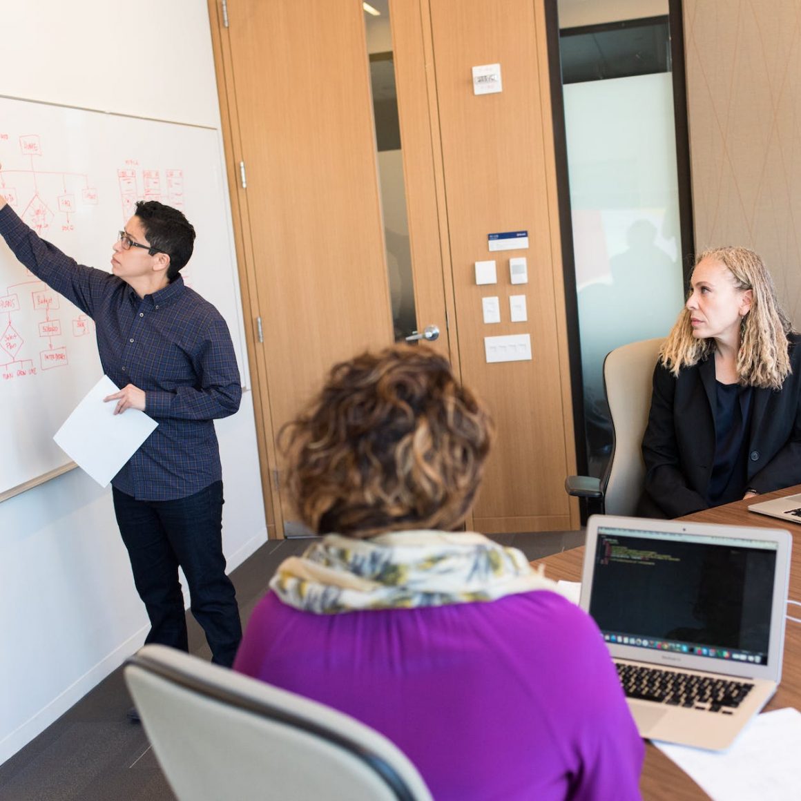 man wearing black button up long sleeved writing of board