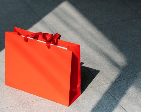red paper shopping bag on gray ground