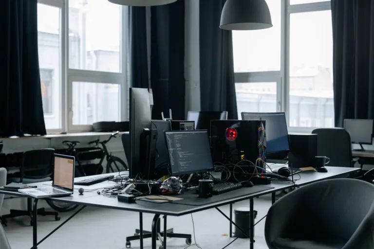 Werkplek met computerschermen vol code, symbool voor techbedrijf i3D.net